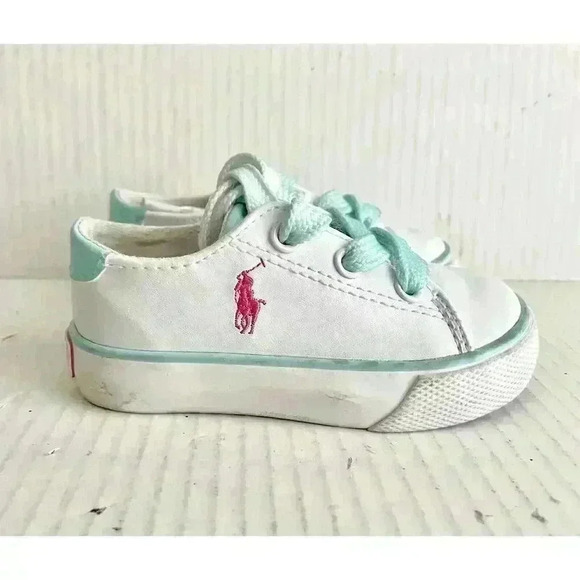 Polo Ralph Lauren Other - POLO Ralph Lauren Infant Leather Sneakers Shoes Size 5 White Pink Pony